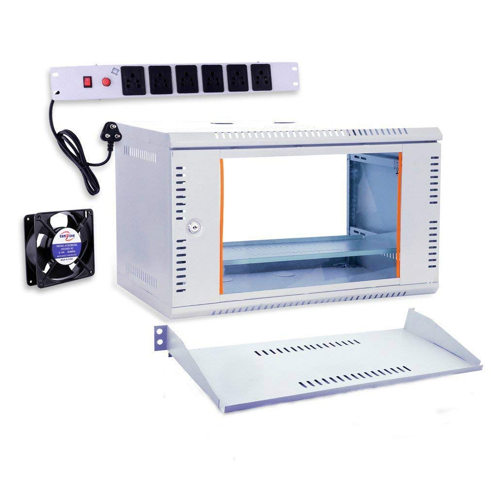 Server Rack 6U Combo Wall Mounted Rack with 6 Power Socket & Cable - Lock & Keys - Tray (1 No) - 1 Cooling Fan and Adjustable Shelf