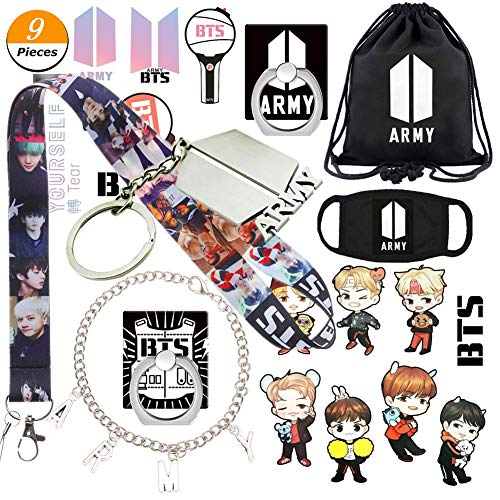 GOTH Perhk KPOP BTS Merch Set, BTS Rucksack/Kordelzugbeutel+BTS Schlüsselanhänger+BTS Armband+BTS Mundmaske+BTS 3D Aufkleber+BTS Lanyard+BTS Telefonfingerring(Army)