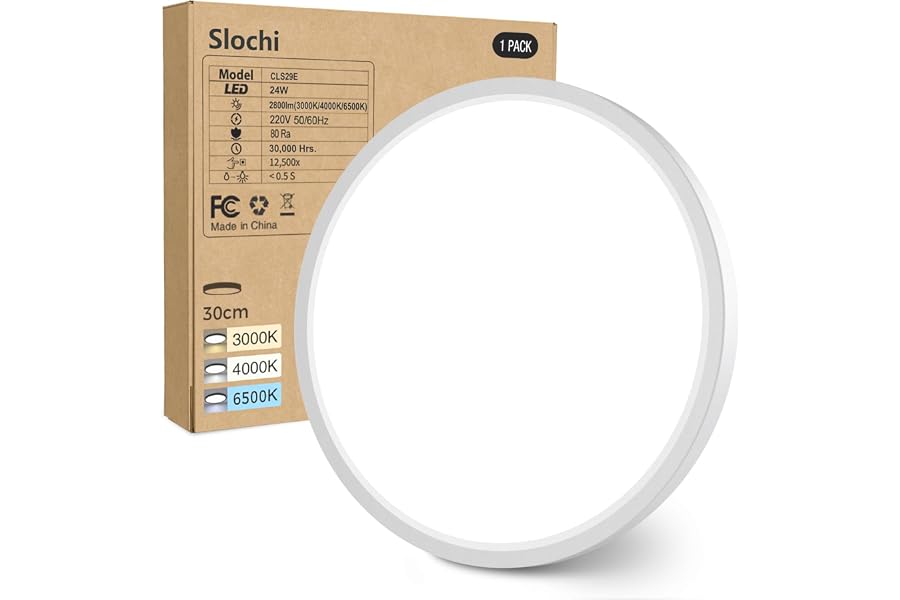 slochi LED Deckenleuchte Flach 24W 2800LM, 3Farben - 3000K/4000K/6500K, Ø30CM Deckenlampe Wasserfest Rund Badlampe, Modern LE