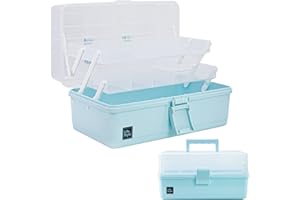 Creahaus Boîte de rangement de 33 cm avec 3 couches, boîte à outils multifonctionnelle en plastique avec poignée pour couture, maquillage, médicaments, ongles (Bleu)