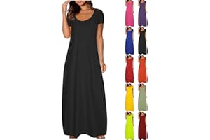 ZHSXERTWY Maxi Dresses for Women UK Short Sleeve Summer Ladies Casual Long Dress Round Neck Plain Sundress Stretchy Loose Fit Plus Size Clothing