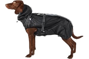 OUOBOB Hunderegenmantel wasserdicht, Regenjacke mit reflektierenden Streifen, H-Brustgeschirr (D-Ring) & Abnehmbarer Kapuze mit Visier, Ideal für mittelgroße/große Hunde [Schwarz, Größe 2XL]