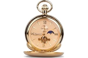 Tiong Montre de poche mécanique en bois de cuivre élégant avec cadran ouvert pour homme avec boîte à chaîne