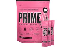 PRIME HYDRATION + Sticks Fraise Pastèque | Bâtonnets de poudre d'hydratation à portion unique | Poudre d'électrolyte en déplacement | Faible teneur en sucre | Sans caféine | Végétalien | 16 bâtonnets
