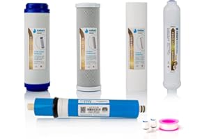 Kit de 4 Filtros Universales para Osmosis Inversa - Incluye Membrana Vontron y Rollo de Teflón - Ideal para Equipo de 5 Etapas Universal - 50GPD - Nature Water Professionals