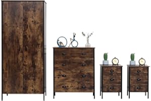 Kingwudo® Retro Industrial Style Bedroom Furniture 4 Pieces Set 2 Doors Wardrobe + 4 Drawers Chest + 3 Drawers Bedside Table × 2 set for Bedroom Storage