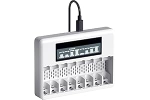 CITYORK Caricabatterie da 8 slot per Carica Batterie Ricaricabili AA AAA agli Ioni di Litio, con Display LCD, Ricarica Rapida USB e Slot Indipendente