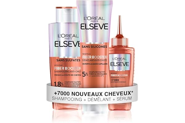 L’OREAL PARIS – Elseve Fiber Booster – Protocole Anti-Chute Cheveux - Stimule la Pousse* – Augmente la Densité Capillaire – Hommes & Femmes - Shampooing Sans Sulfates + Démêlant Sans Silicones + Sérum