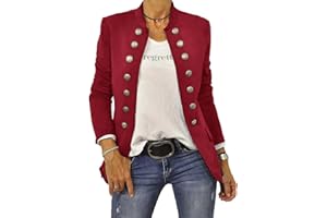 Shownicer Damen Blazer Elegant Anzugjacke Mantel mit Knopfleiste Military Blazer Lang Slim Fit Freizeit Stehkragen Business Büro Anzug Jacken
