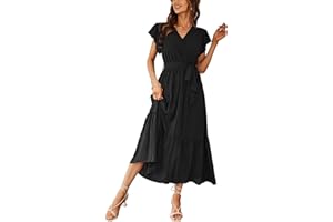 Awemeal Kleid Damen Sommer Elegant V-Ausschnitt Kurzarm Lang Sommerkleid Boho Blumenkleid mit Gürtel Rüschen Saum Wickelkleid Strandkleid A Linie Fließend Maxikleid