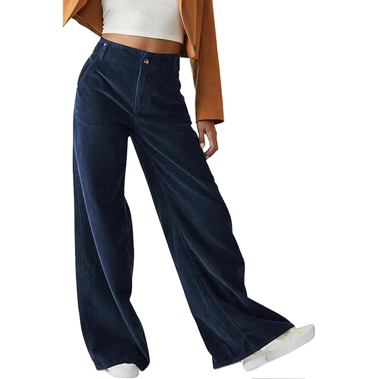 CheChury Femme Pantalon En Velours Côtelé Fluide Pantalon Décontracté Chic Elegant Pantalons Taille Haute Bouton Avec Poches Large Pantalons De Loisirs Automne Hiver, Noir, XXL