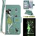 Produktbild iPhone 6 6S (4,7 Zoll) Luminous Leder Wallet Tasche Brieftasche Schutzhülle,Fanryn Schönes Mädchen und Katzen Muster Nacht Leuchtende Design Hochwertige PU Leder Flip Tasche Case Hülle im Bookstyle mit Standfunktion Kredit Kartenfächer für iPhone 6 6S (4,7 Zoll) (Grün)