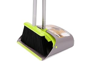 TreeLen Escoba y Recogedor, Set de Broom y Dustpan con Mango Largo, para Oficina y Hogar, con Bloqueo de Recogedor y Cerdas de Goma, Verde/Gris