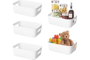 Acentor Cestini Portaoggetti Plastica 5 Pezzi Bianco Organizer Portaoggetti con maniglia Scatole Immagazzinaggio Rettangolari per Cucina Bagno 20.5*14.5*7cm