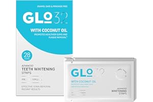 GLO32 - Advanced Teeth Whitening Strips - Gentle Teeth Stain Remover with Coconut Oil - Effective in 20min - Peroxide Free - Vegan Cruelty Free - 28pcs
