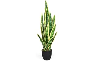 COSTWAY Pianta Artificiale da 90 cm, Sansevieria Finta con 20 Foglie e Vaso, Pianta Artificiale per Salotto, Camera da Letto e Balcone