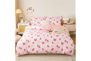 Koudi Kinderbettwäsche 140x200 Mädchen Rosa Altrosa Kinder Wendebettwäsche Set Süß Erdbeere Hase Motiv 100% Mikrofaser Pink Bettbezug Reißverschluss mit Kissenbezug 70x90