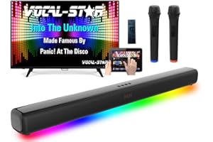Vocal-Star Soundbar do karaoke system 250w, 2 bezprzewodowe mikrofony UHF, uchwyt ścienny, 9 efektów świetlnych RGBW, pilot zdalnego sterowania, HDMI ARC, BT, AUX, optyczny