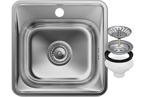 Stahl Spülbecken mit Siphon 38x38 cm - Edelstahlspüle mit Hahnloch für Spülbecken Durchmesser 92mm - Einbauspüle aus Stahl - Waschbecken für Küche - Satin - Granitan