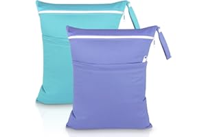 SLETIE 2 Packs Wet Bag, Waterproof Wet Dry Bags, Reusable Washable Cloth Diaper Bags, Nappy Bag with Double Zipper Pockets for Baby Items Swimming Camping Travel Beach Pool Bag (Blue+Purple)