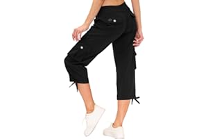 MoFiz Women's Relaxed-Fit Capri Pants 3/4 Length Cropped Trousers Hiking Joggers Workout Lounge Pants with Cargo Pockets
