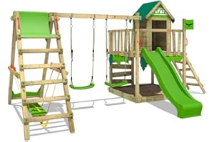 FATMOOSE Wooden climbing frame JazzyJungle Jam XXL with SurfSwing, swing set & apple green slide, Outdoor kids playhouse with sandpit, climbing ladder & play-accessories for the garden