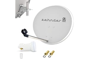 SATSHOPPING Zehnder 60cm Spiegel Schüssel Stahl + LogiSat Single LNB | 1 Teilnehmer HD Digital SAT Anlage Set hellgrau | DVB-S/S2 Full HDTV 3D 4K Ultra HD UHD Empfang