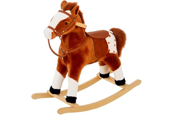 HOMCOM Cheval à Bascule en Bois et Peluche pour Enfant Cheval de Cowboy Peluche pour Enfants de 3-6 Ans Jouet balançoire avec Effet sonore Selle rênes Marron Blanc