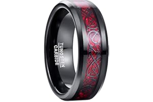 NUNCAD Schwarz Ring Wolfram Partner Ring Herren Damen 8mm Keltische Drachen Ring mit Kohlefasern Blau/Grün/Rot/Rosegold Größe 49.3-72(15.7-22.9)