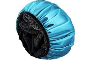 Aquior Shower Cap,Extra Large Triple Layer Bathing Cap with Dry Hair Function for Women Microfiber Terry Cloth Silky Satin 100% Waterproof Reusable Long Hair Bath Caps (Blue)