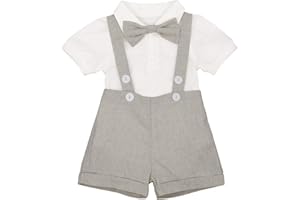 FYMNSI Vêtements Bébé Garçon Barboteuse à Manches Courtes + Jarretelles Shorts + Nœud Papillon 3pcs Set Baptême Cérémonie Fête d'anniversaire Outfit 0-24 Mois