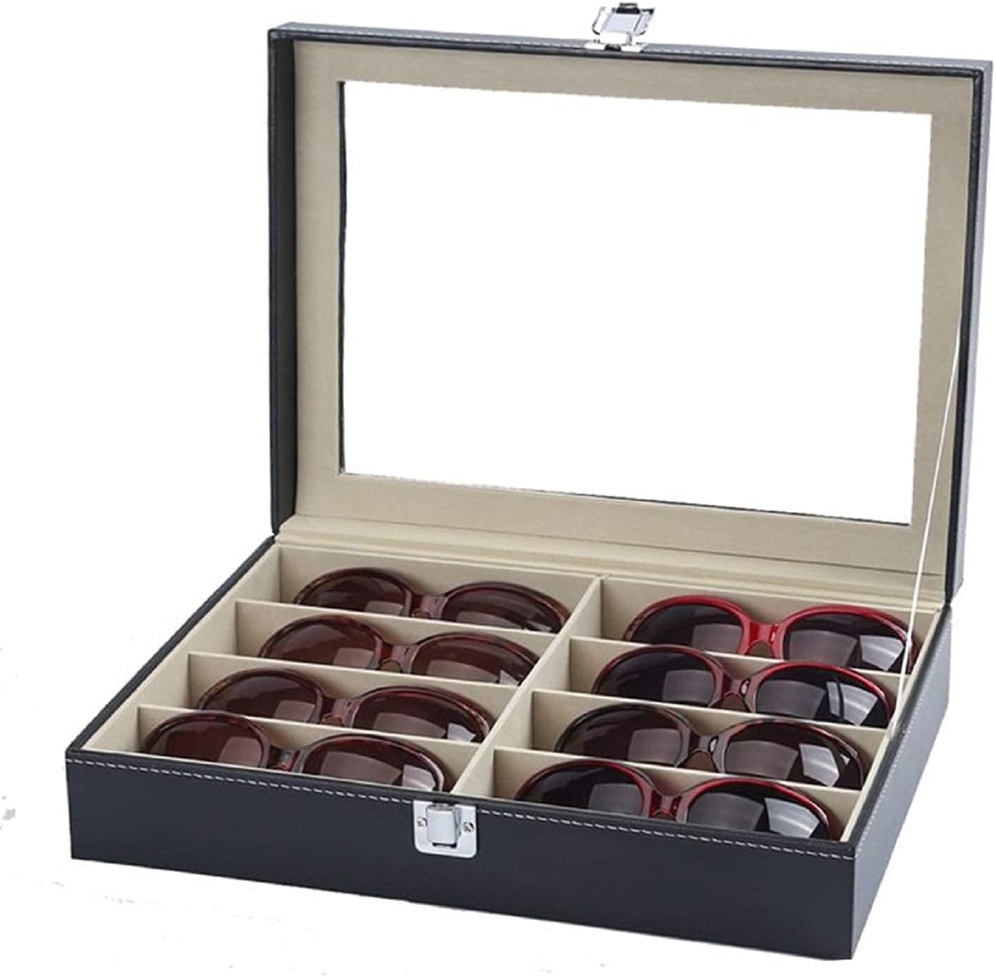 KingSaid Caja Organizadora de Gafas con Tapa de Cristal y Cajones – Estuche Expositor de Gafas de Sol y Joyas, Cuero Sintético Premium, Gran Capacidad, para Hombre y Mujer (Una planta)