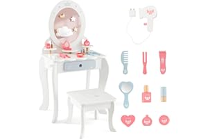 GOPLUS Juego de Tocador Infantil 2 en 1 con Accesorios Maquillajes, Tocador Princesa de Madera con Espejo Extraíble, Cajones y Taburete, Tocador para Niños a Partir de 3 años, 50 x 34 x 93 cm, Blanco