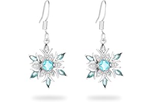 MIKOVIVI 2pcs Silver Christmas Snowflake Earrings, Blue Cubic Zirconia Christmas Dangle Earrings Snowflake Hoop Earrings Hook Christmas Earrings for Women