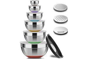 Luvan 304 Ciotole di miscelazione in acciaio inossidabile con coperchi ermetici (set di 6), ciotole a incastro per impilabili, 3 accessori per grattugia e fondo in silicone antiscivolo