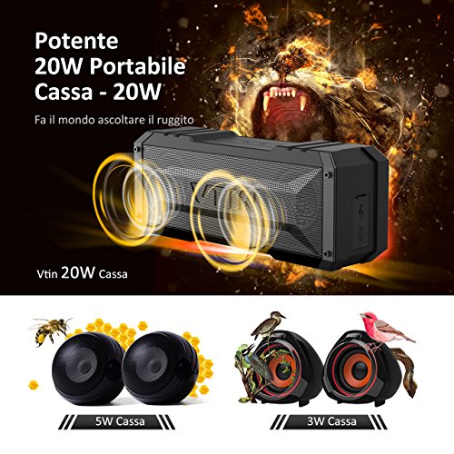 Altoparlante Bluetooth 20W, VTIN Cassa Bluetooth 4.0 Portatile IPX4 Impermeabile, Crashproof, Speaker Senza Fili con Incorporato Microfono e Doppia Cassa, Tempo di Riproduzione di 25 Ore, Raggio di Connessione Bluettoth di 10 Metri, Ingresso Aux-in, per iPhone Smartphone Android e Tablet PC, Nero