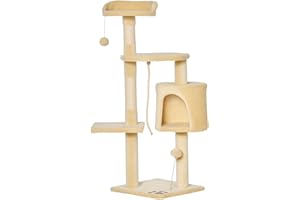PawHut Cat Tree for Indoor Cats Pet Activity Centre Kitty Condo Climbing Scratching Post with Toys 4-tier 114cm Tall Beige