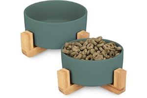 Navaris Comederos para Perros elevados - 2X Comedero de cerámica para Perro y Gatos Cachorros - con Soporte de bambú Antideslizante - En Verde