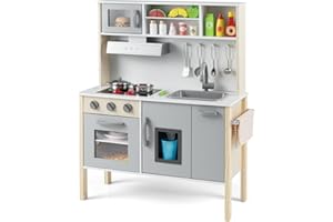 COSTWAY Children's Play Kitchen with 18 Accessories, Children's Wooden Kitchen with Sink, Microwave, Ice Maker, Oven, Toy Kitchen, Wooden Kitchen for Children from 2 Years (Grey)