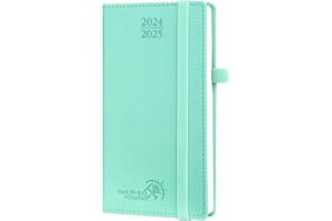 POPRUN Agenda de Poche 2025 Semainier 16,5 x 9 cm D'août 2024 à déc 2025-17 Mois Petit Agenda Scolaire avec Couverture Rigide en PU Cuir, Papier Certifié FSC®, Menthe vert