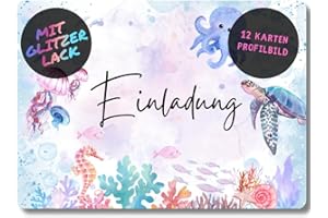‎CELEBR8TE celebr8te 12x Meerestiere Glitzer Einladungskarten - Für den Kindergeburtstag von Mädchen - Partyeinladungen für Geburtstage inkl. Messenger Bild & Urlaubsgutschein