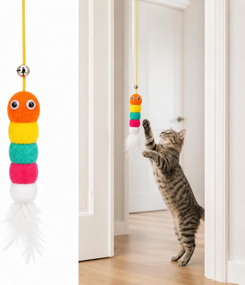 getmeev Kedi Oyuncağı Kapı Asma Renkli Tırtıl, Zilli ve Tüylü Asılı Oyuncak, Sallanan İnteraktif Avlanma ve Egzersiz Oyuncağı