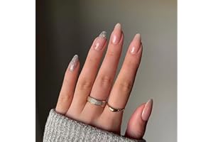 JUSTOTRY 24 Pcs Nude Oval False Nails Short, Glitter French Press on Nails Pattern, Trendy Fake Nails Short with Nail Glue, Almond Stick on Nails for Women, Nails Fake Nail for Nails Art