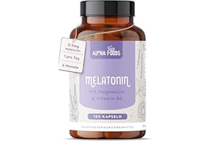 ‎ALPHA FOODS Melatonin Hochdosiert | 180 Kapseln | 0,5mg pro Kapsel | Mit Magnesium, Vitamin B6, Passionsblume & Kamille | Alternative zu Einschlafspray & Schlaftabletten | 100% vegan | Alpha Foods