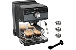 Krups Cafetera Espresso Manual, Authentic+, 15 bares de presión, Espumador de leche, Ajuste Manual, Cuchara Medidora y Compactadora, Depósito de 2 L de capacidad, Negra, XP384G