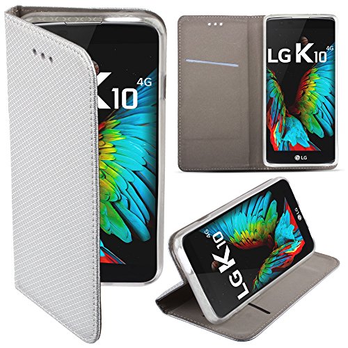 Moozy LG K10 Funda Plata - Flip cover Smart magn  tica Stand plegable y soporte de silicona