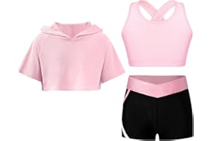 Linjinx Enfant Fille Ensemble Patinage Artistique Justaucorps Gymnastique Manches Courtes Sweat à Capuche + Brassière Sport + Short de Danse Yoga Sportswear 5-16 ans