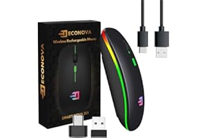 ECONOVA Wireless Rechargeable RGB Mouse – Ergonomic Design with Compatible Bluetooth & 2.4G Devices, 500mAh Battery, Silent Click, 7 Million Click Lifespan, Dual Mode 1600DPI – Black