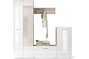 ‎STELLA TRADING Stella Trading Sixx Flurgarderoben Set in Weiß Hochglanz/Sandeiche Optik - Moderne Kompaktgarderobe 4-teilig für Ihren Eingangsbereich - 195 x 195 x 36 cm (B/H/T)