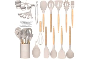 Umite Chef Kitchen Cooking Utensils Set, 24 pcs Non-Stick Silicone Spatula Set with Holder, Wooden Handle Heat Resistant Kitchen Gadgets (Khaki)